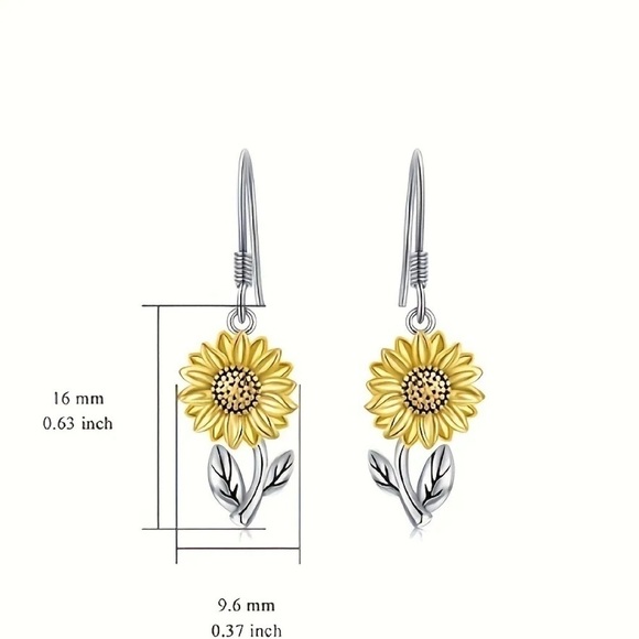 Small Sunflower Silver Color Dangle Earrings - Picture 2 of 5